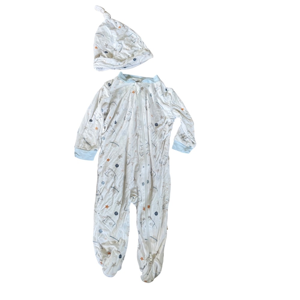 Milkberry Bamboo Space Rocket Footed Sleeper and Knotted Hat Set 0-3M